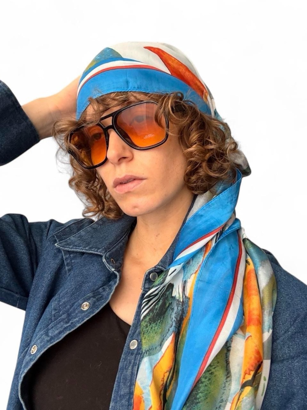 Vintage Y2K Large Blue Multicolor Silk Scarf/Headwrap/Shawl